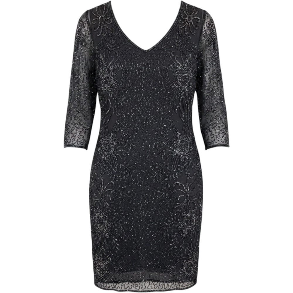 Pisarro Nights Womens Beaded V Neck Dress Grey Size 12 Cocktail Party Evening